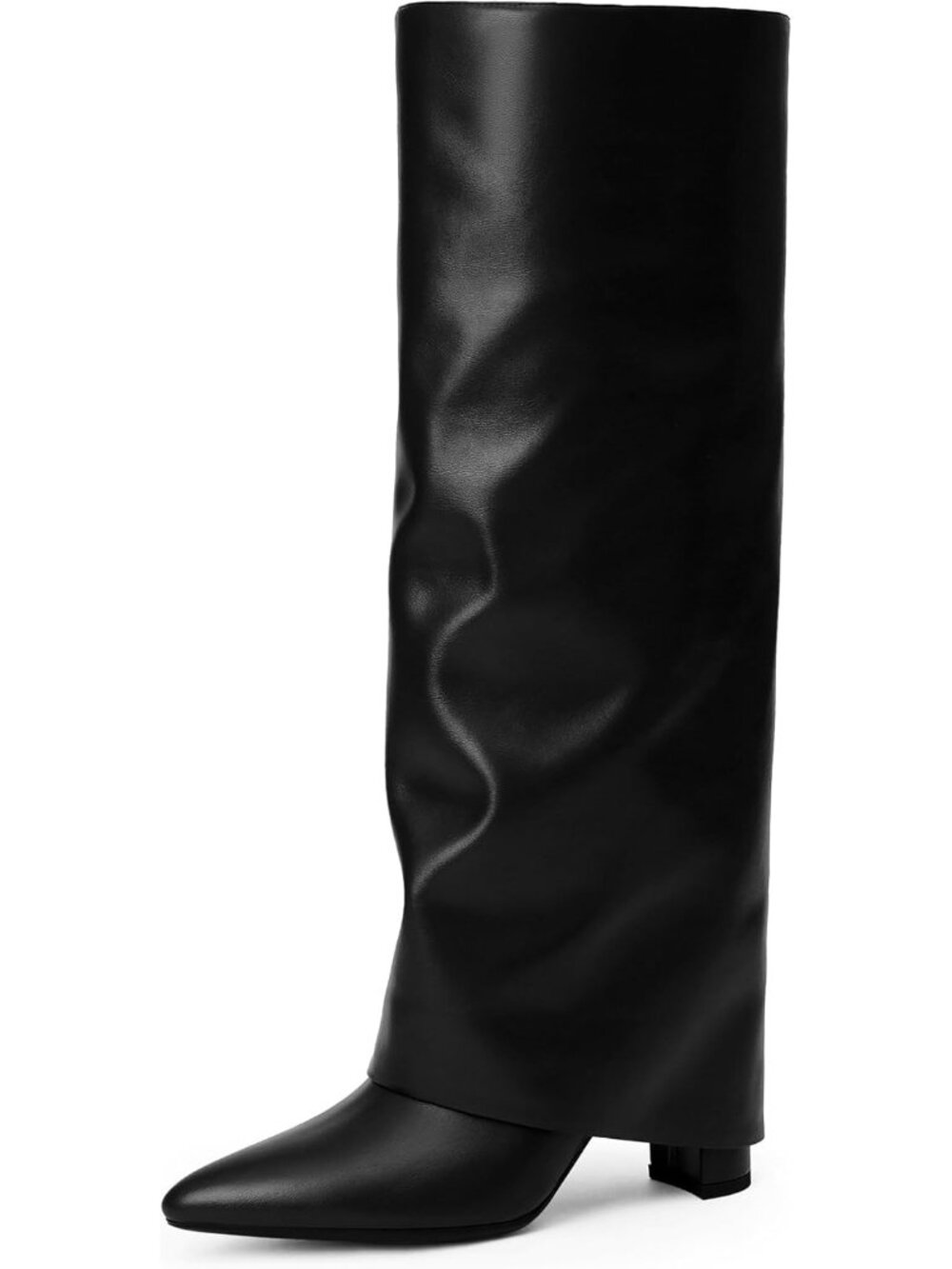 Women Black Pu Fold Over Knee High Boot Chunky High Heels Long Boots Pointed Toe